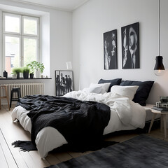  cheap bedroom with white walls, black floor, no uniqueness, basic room