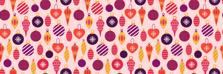 Christmas seamless pattern with Christmas tree toys and snowflakes. Vector festive background