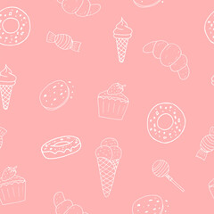 sweets seamless pattern hand drawn in doodle style. food background, wallpaper, textile, wrapping paper, wallpaper