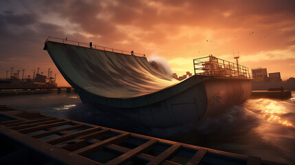 half pipe vert ramp sobre un barco en medio del oceano ,foto tomada a distancia y vemos en el fondo la ciudad de panama en el sunset. - obrazy, fototapety, plakaty