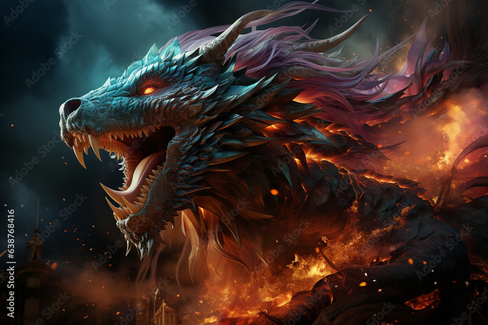 Poster Fireworks Spectacle: An image of the dragon leaping through a sky filled with dazzling fireworks, creating a mesmerizing display of light and movement. Generative AI technology.