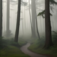 Describe the serene beauty of a mist-covered forest at dawn.
