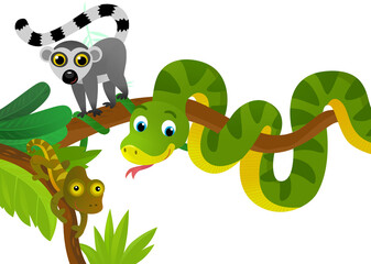 cartoon scene with jungle and animals being together as frame illustration for children
