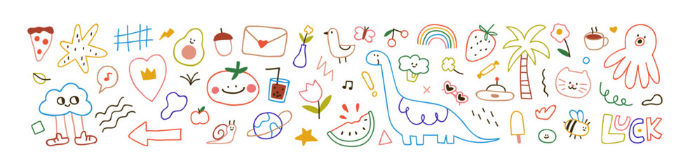 Cute doodle outlined design elements set. Funny creative line art animals, food, flower, rainbow, abstract shapes in kids scribble style. Trendy naive drawings. Childish hand-drawn vector illustration