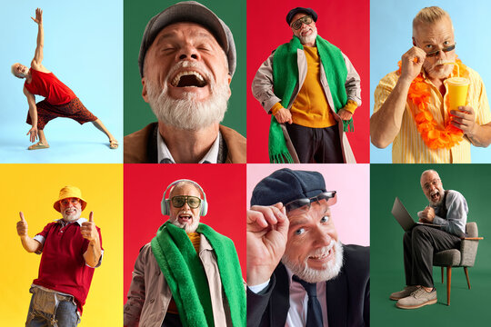 Horizontal photo set collage of portraits of emotional senior man in diverse fashion style outfits expressing positive emotions.
