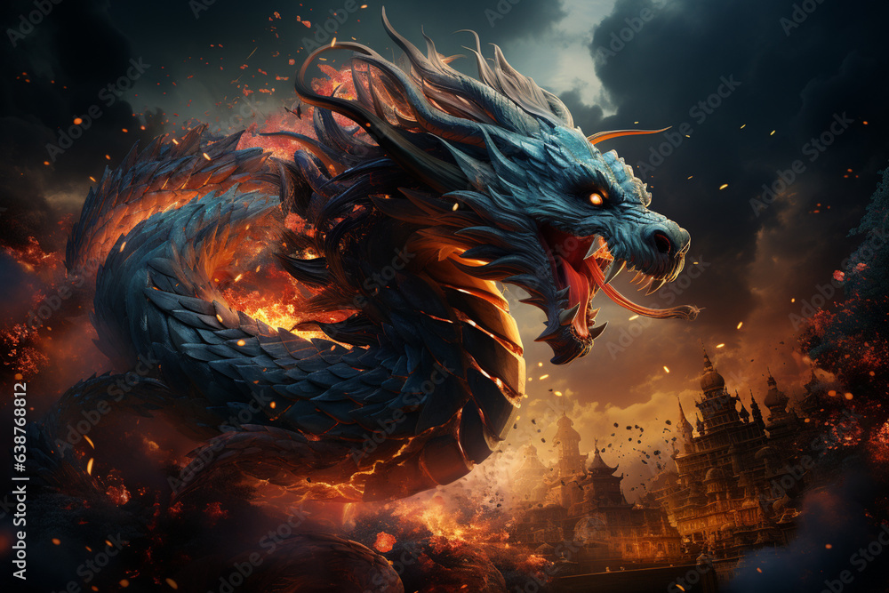 Poster fireworks spectacle: an image of the dragon leaping through a sky filled with dazzling fireworks, cr