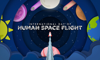 International Day of Human Space Flight Illustration Design. Paper origami style. Rocket flying into outer space with solar system planets, meteors, comets, Earth, sun, moon. Vector Illustration.
 - obrazy, fototapety, plakaty