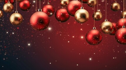 Christmas card background of red and gold shiny balls on a crimson background with white stars