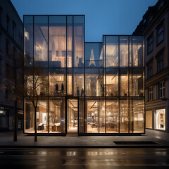 shop fronts, luxury retail, straight view, building glass facade, night view, night lights