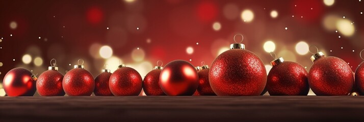 Christmas banner with red baubles or balss on a red and yellow background with bokeh