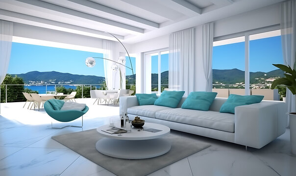 Sale In Valle Del Carino, Croatia, In The Style Of Glamorous Elegance, Dark White And Teal, Realistic Blue Skies, Traditional Craftsmanship