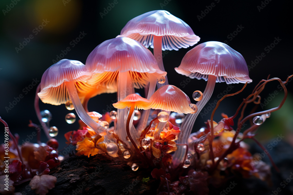 Poster bunch mushrooms color light in the tree, macro photography generative ai technology.