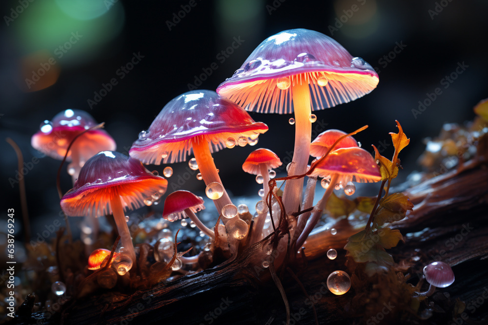 Poster bunch mushrooms color light in the tree, Macro Photography  Generative AI technology.