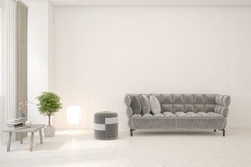 White scandinavian interior design with sofa. 3D illustration