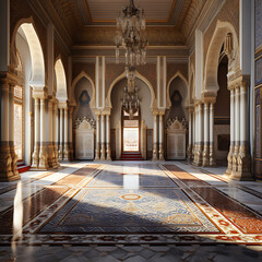the interior of a mosque with a Moroccan prayer rug, all in the style of the Palace of Versailles. Hyper detailed, hyper realistic
