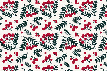 seamless pattern with rowan berries. Vector pattern with berries on a branch, autumn, spring pattern - obrazy, fototapety, plakaty