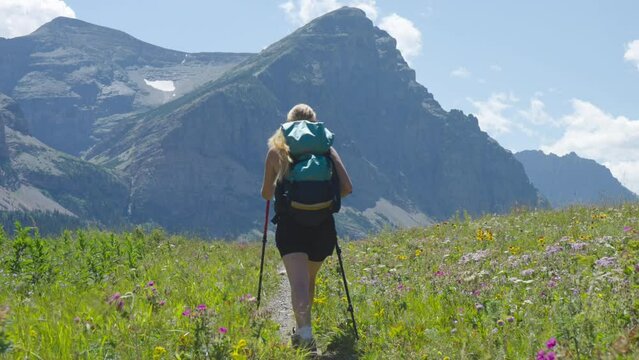 Solo Caucasian Hiker Girl Walking on Path at Cut Bank, Glacier Park on a Sunny, Windy Day