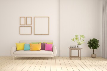 White living room with sofa. Scandinavian interior design. 3D illustration