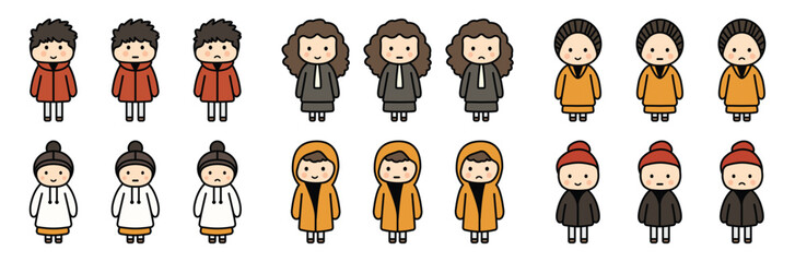 Set of people in cartoon style. Minimalist cute cartoon people collection on isolated background. Vector illustration