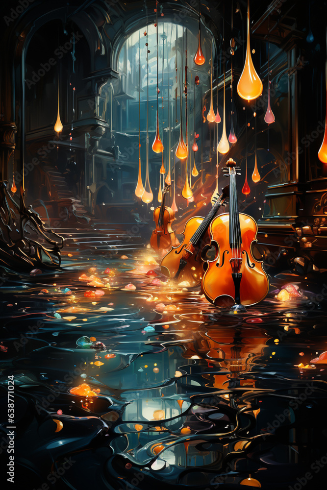 Poster an abstract image of musical notes floating in the air, creating a sense of harmony and rhythm. gene