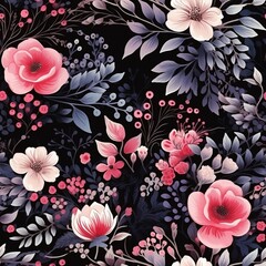 Seamless pattern with flowers and leaves. Generated AI.