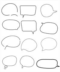 Obraz premium Vector Set of speech bubbles. Dialog box icon, message template. Doodle clouds for text, lettering. Different shape of empty balloons for talk on blue background. Flat vector illustration. 