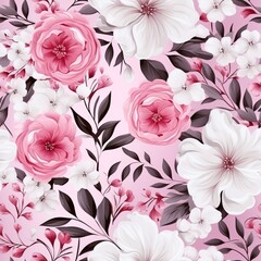 Seamless pattern with flowers and leaves. Generated AI.