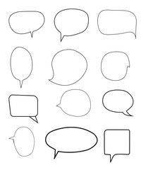 Vector Set of speech bubbles. Dialog box icon, message template. Doodle clouds for text, lettering. Different shape of empty balloons for talk on blue background. Flat vector illustration.
