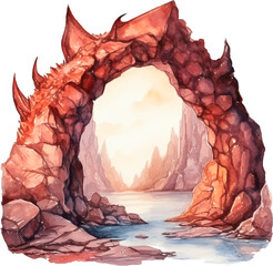 A fantasy painting of a dragon cave. Watercolor illustration isolated on white background.