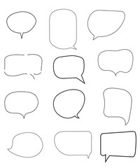 Vector Set of speech bubbles. Dialog box icon, message template. Doodle clouds for text, lettering. Different shape of empty balloons for talk on blue background. Flat vector illustration.

