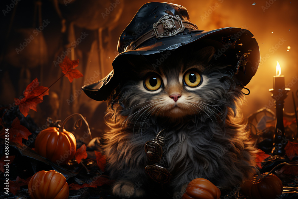 Poster a playful cartoon witch's cat with a witches' hat and a collar adorned with a crescent moon charm. g