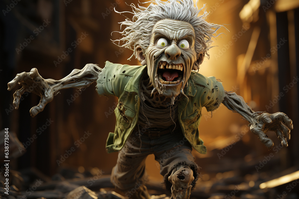 Poster a comical cartoon zombie with mismatched eyes and a goofy grin, reaching out with its arms in a lurc