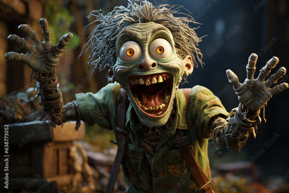 Poster a comical cartoon zombie with mismatched eyes and a goofy grin, reaching out with its arms in a lurc