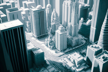 Fototapeta na wymiar Isometric view of abstract 3d modern city downtown high rise modern buildings and skyscrapers. Generative AI urban planning concept, architectural scale model.