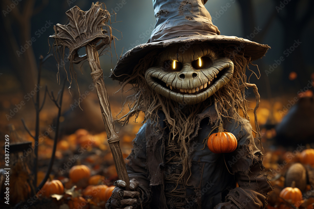 Poster a funny cartoon scarecrow with floppy hat and patched clothing, leaning on a rake with a lopsided gr
