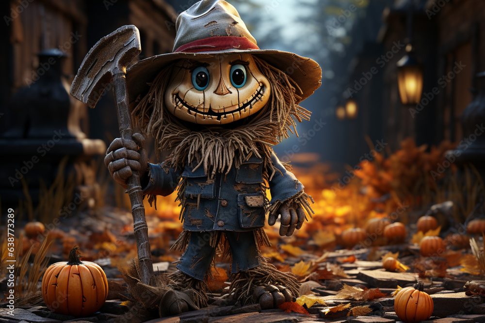 Poster a funny cartoon scarecrow with floppy hat and patched clothing, leaning on a rake with a lopsided gr
