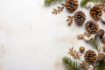 Festive Christmas Frame of Fir Tree Branches and Pine Cones on White Background Created with generative AI tools