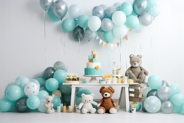 Obraz na płótnie Canvas Festive Baby Birthday Party Decorations - Gifts, Toys, Balloons, Garland, and Numbers on White Wall Background Created with generative AI tools