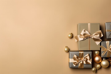 Obraz na płótnie Canvas Festive Christmas Gift Boxes with Colorful Ribbons and Paper Decorations on a Vibrant Background Created with generative AI tools