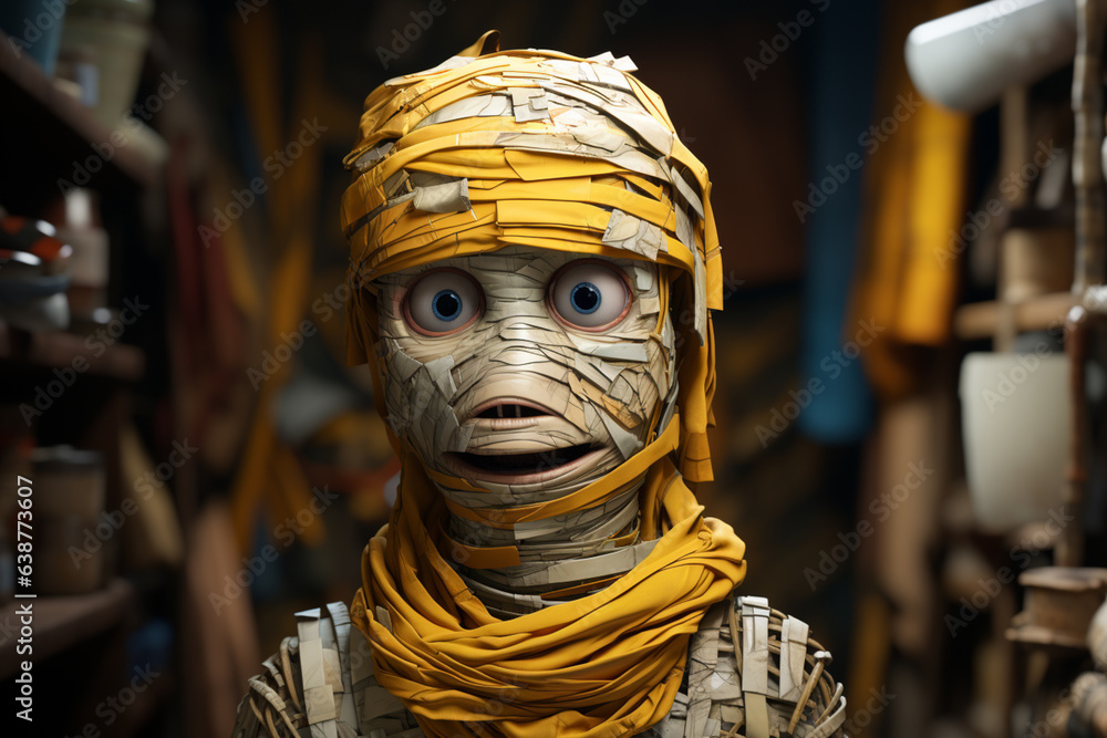 Poster a whimsical cartoon mummy with unraveling bandages, peeking out with a curious expression from its w