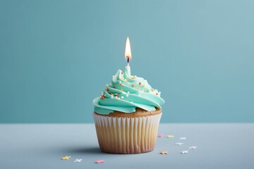 Tempting Birthday Cupcake with Candle on Vibrant Background - Created with generative AI tools