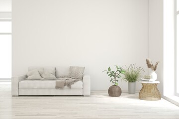 White living room with sofa. Scandinavian interior design. 3D illustration