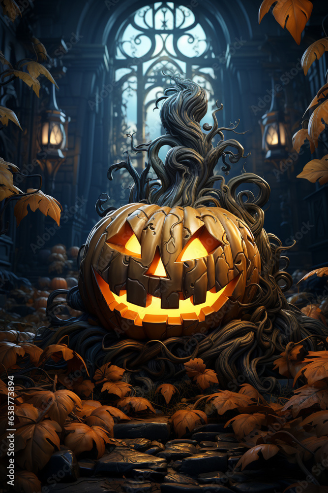 Poster an adorable cartoon pumpkin with a carved face, radiating a warm glow from within and casting a play