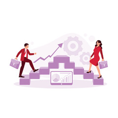 Men and women climb the career ladder. Business concept development. Step by step. Worked well. Trend Modern vector flat illustration
