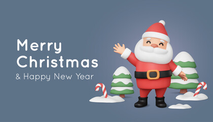 Cute 3d vector Santa Claus wave hand, snowy trees and candy cane in snowdrift. Christmas banner, character render in plastic style. Minimal illustration on blue background. New Year greeting card.