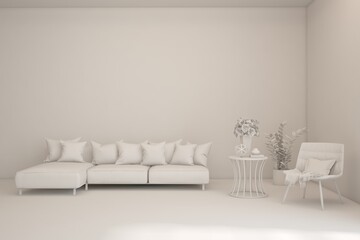 Grey interior desigh concept with furniture. 3D illustration