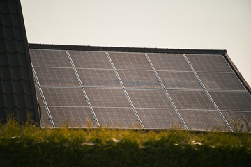 Solar panels. Photovoltaic panels PV on the sky background. Solar power plant. Blue solar panels....