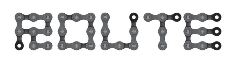 Vector text ROUTE created from realistic bike chain. Isolated on white background.