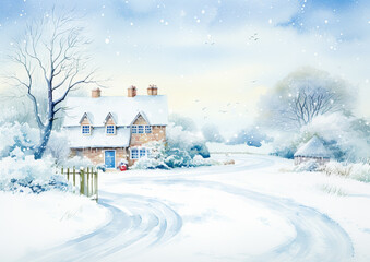Fototapeta premium Merry Christmas and Happy Holidays, watercolour printable art print, English countryside cottage as snow winter holiday Christmas card, thank you and diy greeting card design, country style
