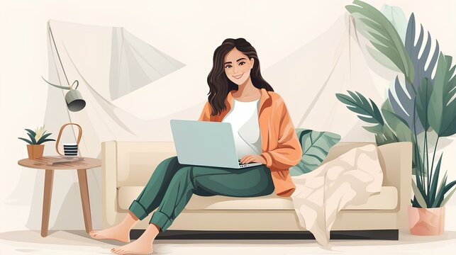 A smiling woman is sitting on the couch with a laptop.